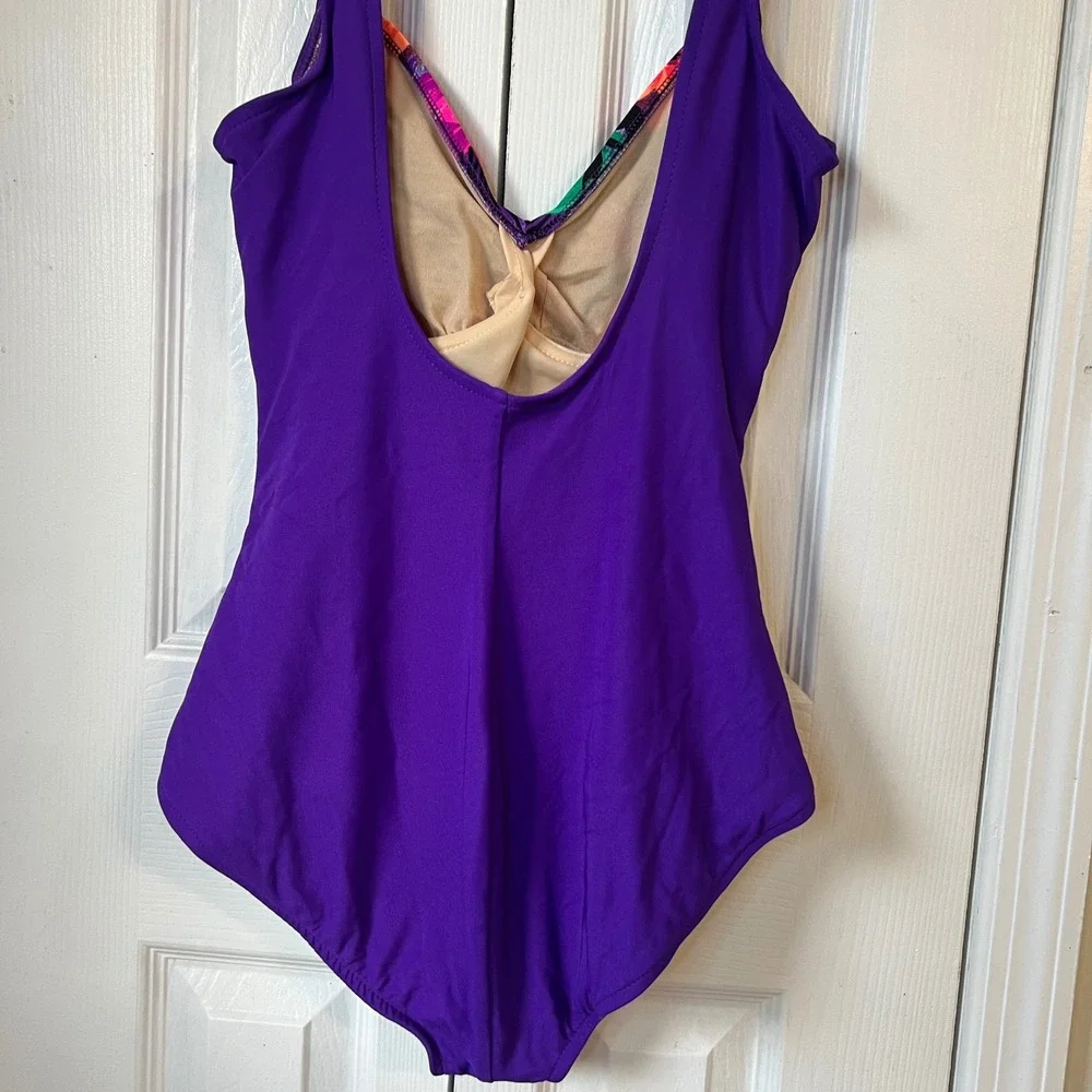 Vintage 80s The‎ Slim Suit Womens size 16 Purple Floral Swimsuit swim wear